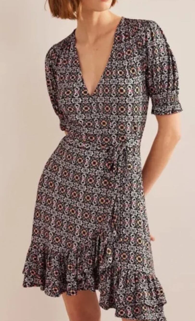 Boden Floral Ruffle Wrap Dress Puff Sleeve Cottagecore Boho Romantic Midi 14L